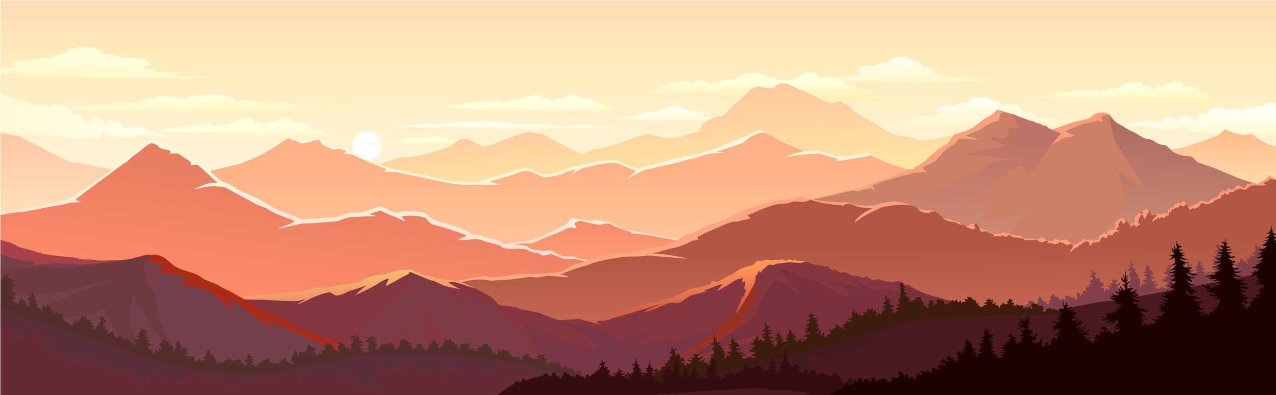 Illustration of a mountain range at sunset.